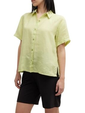 Eileen Fisher Light Green/Yellow Organic Linen Short-Sleeve Button-Down Shirt M